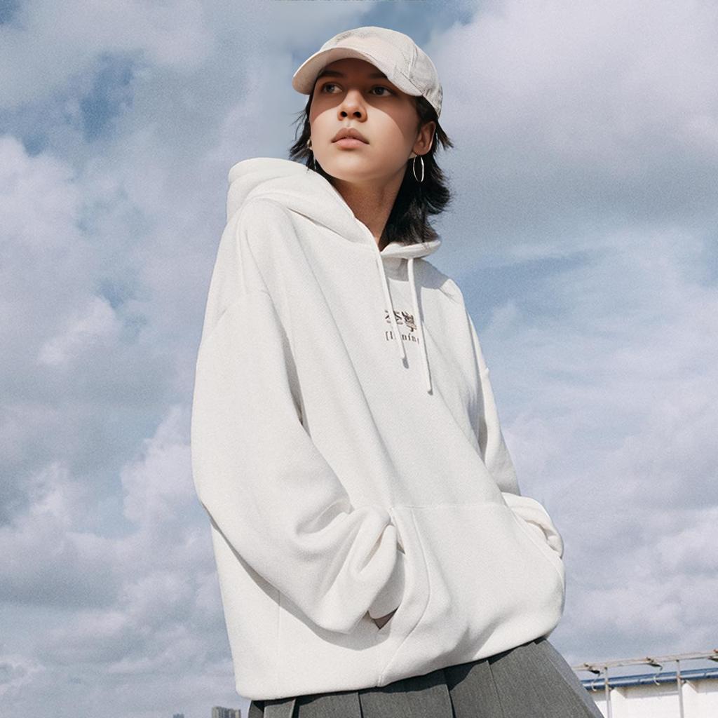 Li Ning Sports Lifestyle Series Loose Fit Hooded American Print Letter Casual Fleece Sweatshirt Unisex sweatshirt Off-White AWDU923-3