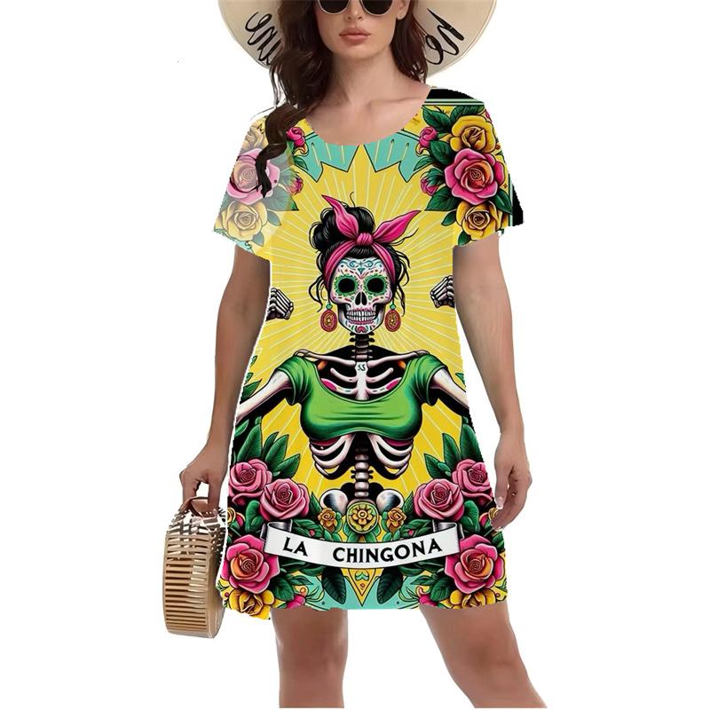 Vintage Totenkopf Rose Blume Bedrucktes Kleid Damen Große Größe Kurzarm Rundhals Kleid Sommer Harajuku Lässig A-Linien Kleid Vestidos