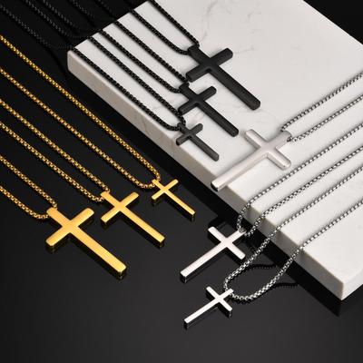 Vnox 60cm Box Chain Cross Pendant Necklaces for Men, Simple Plain Black Silver Gold Color Stainless Steel Thick Cross Collars