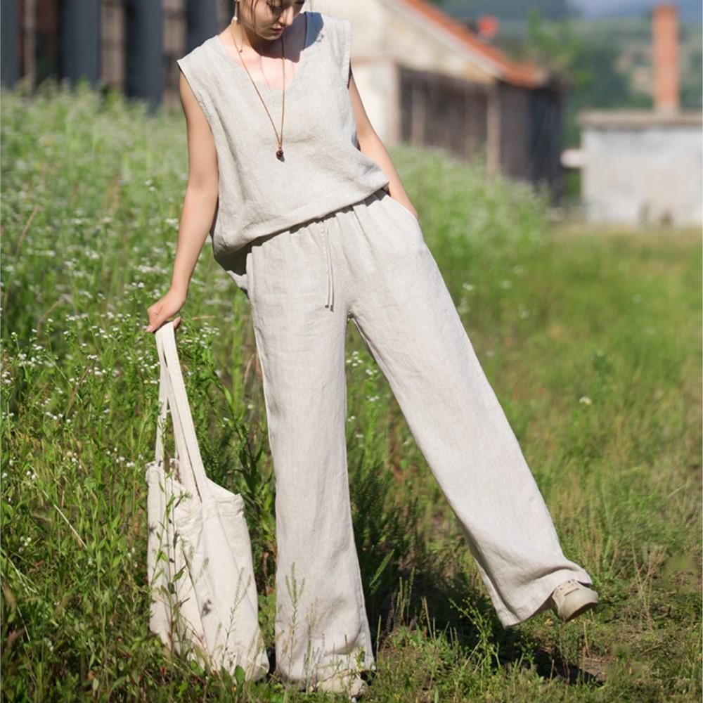 Johnature Women Vintage Straight Pants Summer Chinese Style High Quality Trousers Elastic Waist Soft Long Pants
