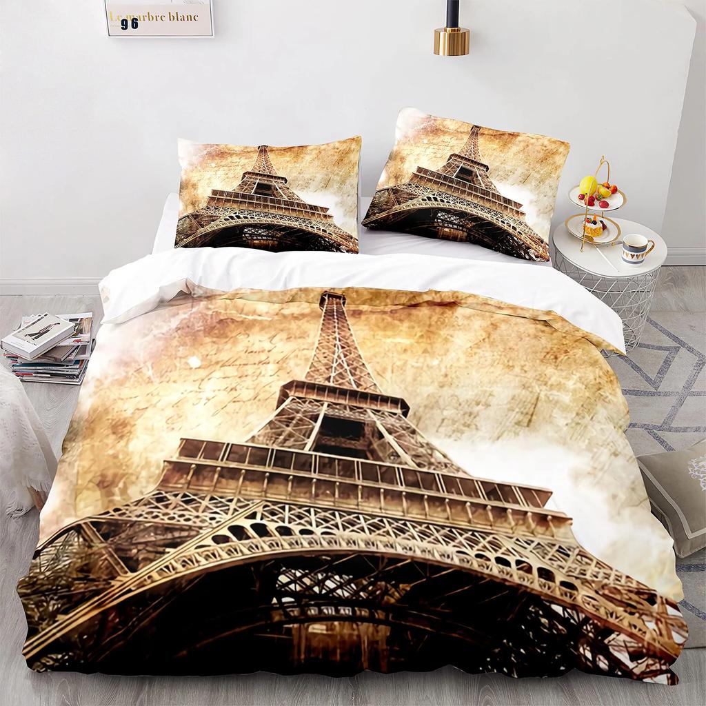 Eiffel Tower Duvet Cover Set King Size Paris Cityscape Twin Bedding Set Modern French Style Polyester Comforter Cover Boys Girls