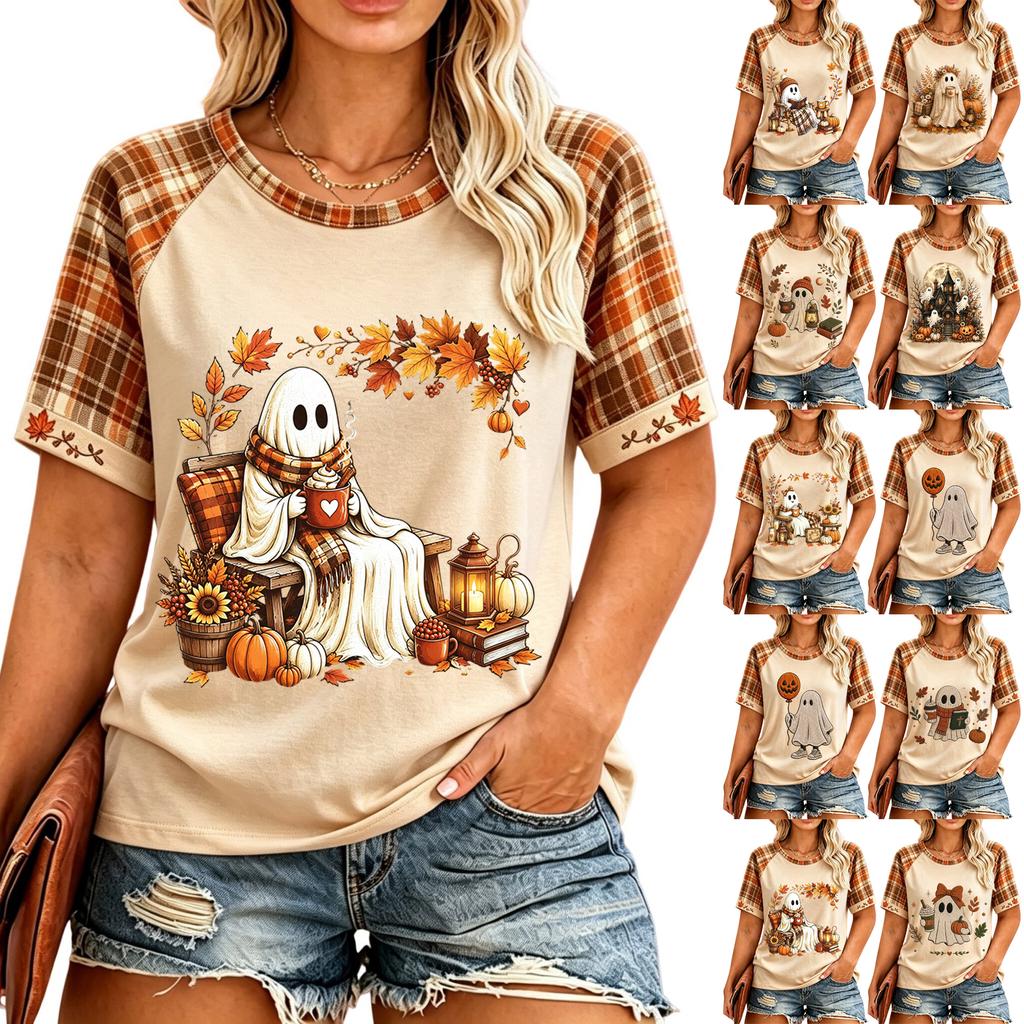 Women's Plus Size Casual Short Sleeve Neck T-Shirt with Halloween Print