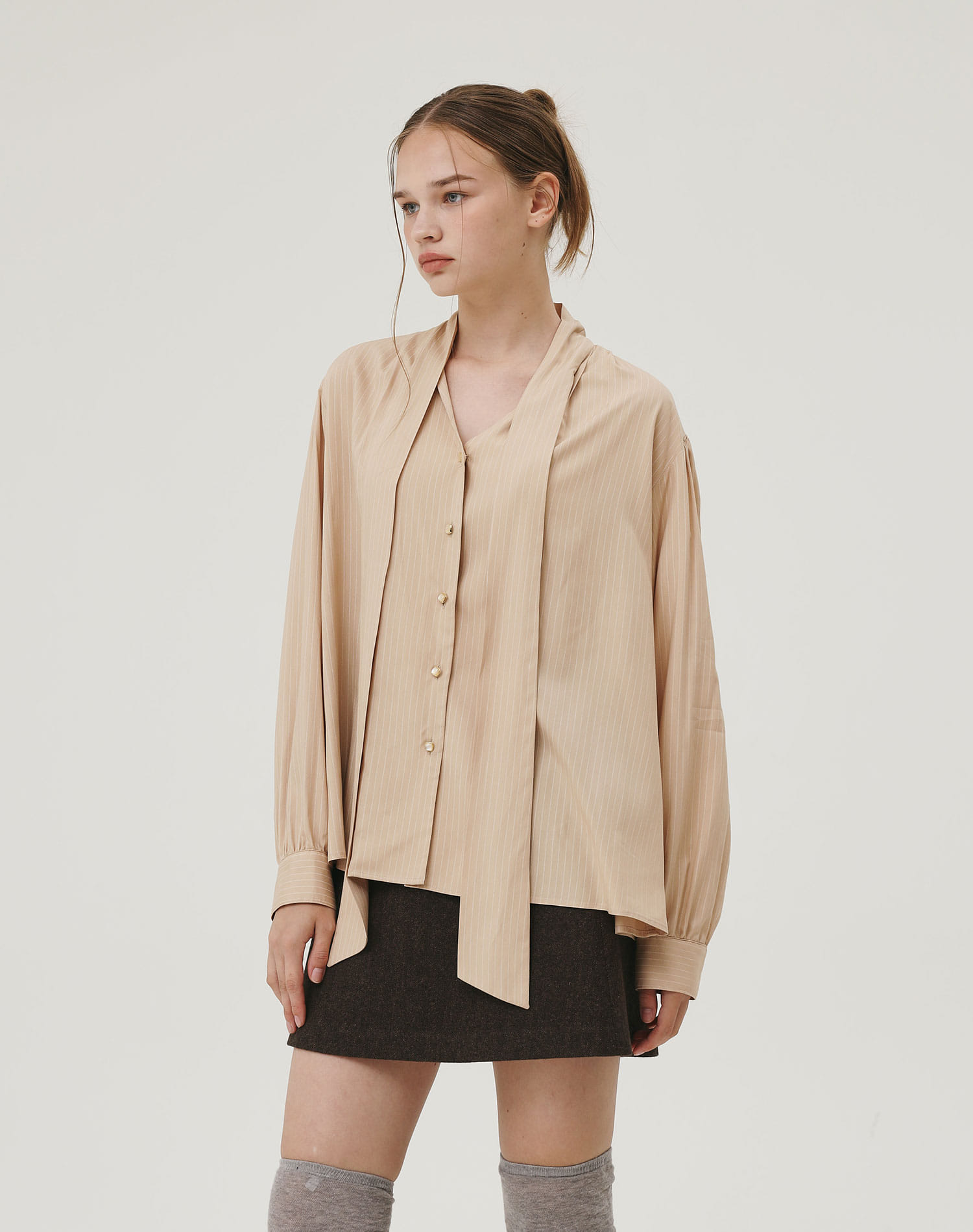G Mar Stripe Tie Blouse Beige M