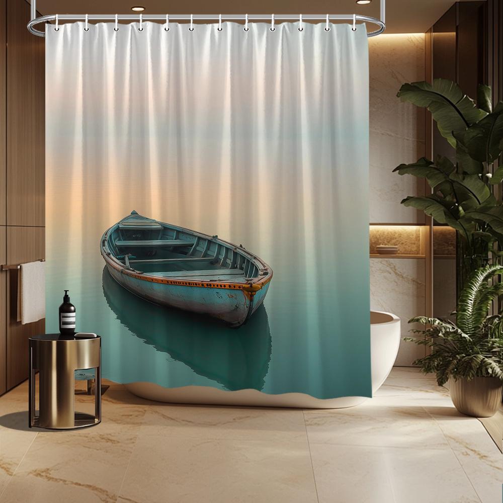 Serene Waterscape Shower Curtain, Wooden Boat at Dawn, Peach to Blue Gradient, Fade-Resistant Polyester,Bathroom Decor
