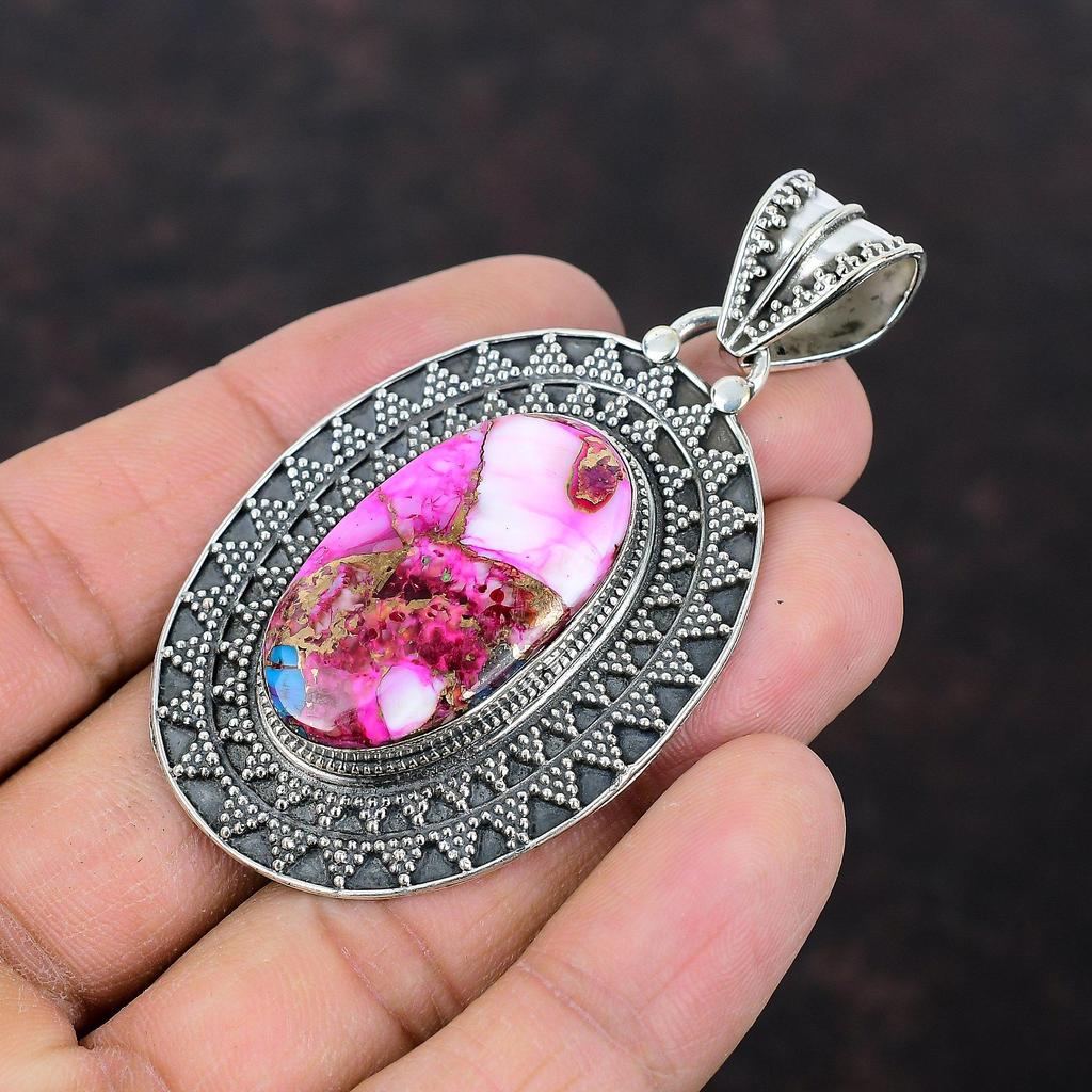 Natural Kingman Pink Dahlia Turquoise Pendant 925 Sterling Silver Pendant Beautiful Gemstone Jewelry Handmade Vintage Pendant Gift For Women
