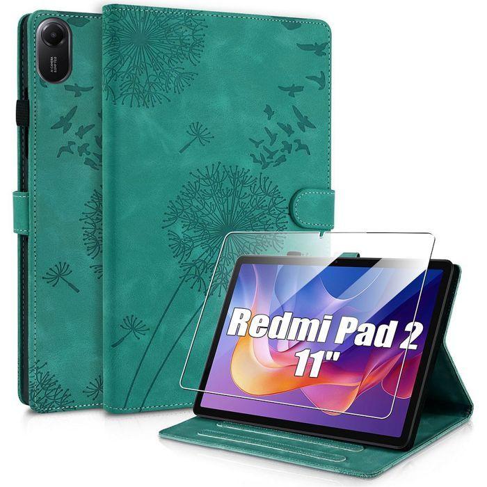 Coque + Verre Trempé pour Xiaomi Redmi Pad 2 11 Pouces 2025, Antichoc Motif Fleur Effet Cuir Vert