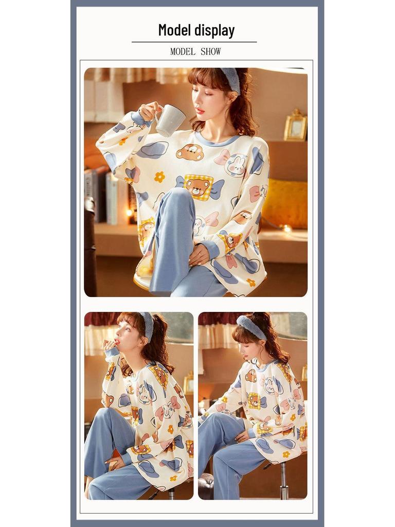 WeChat Herbst/Winter Damen Niedlicher Stil Rundhals Pyjama-Set - Langarm und Hose