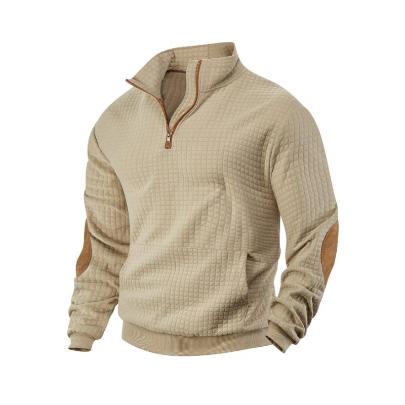 Men's Casual Sports Sweatshirt Jacquard Small Checkered Stand Collar Half Zipper Solid Color Loose Top