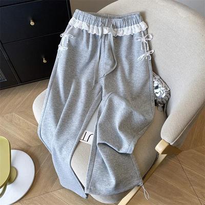 Spets Spets Sömnad Dragsko Sweatpants Dam Vår Lös Rak Hög Midja Vardagsleggings
