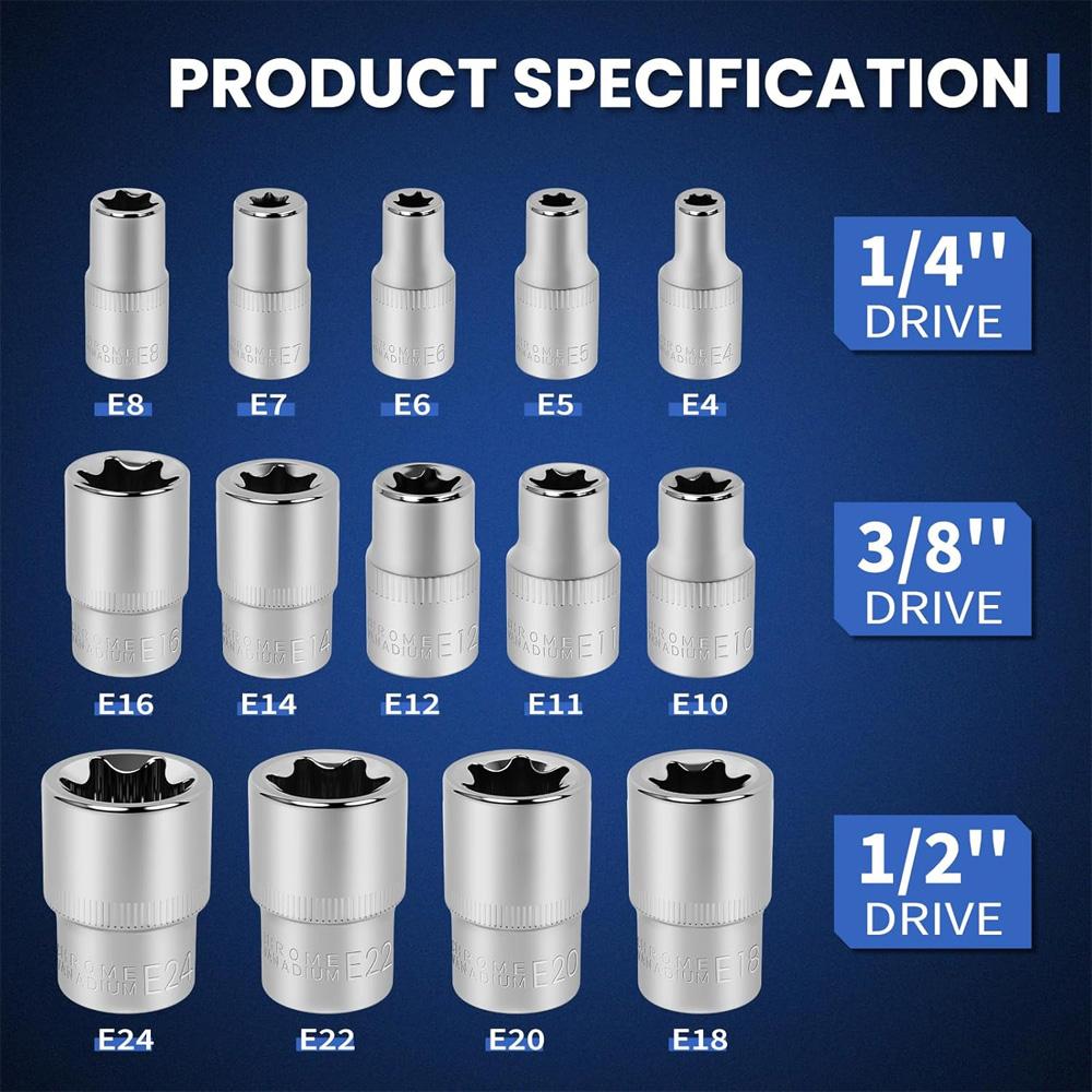 14PCS Female E Star Torx Socket Set, E4-E24 External Hex Sockets, for Auto Repair Mechanics, Durable Versatile Hand Tool Kit