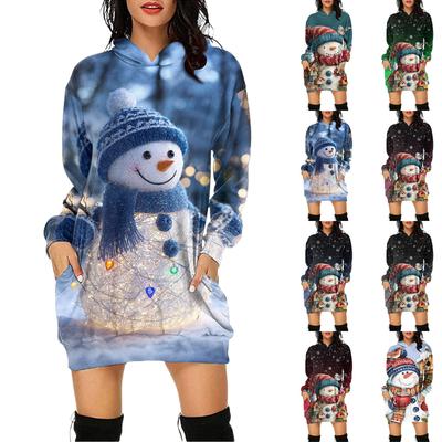 Damen Weihnachten Print Langarm Kapuzenpullover Kleid mit Tasche