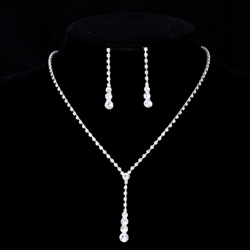 Trendy Bridal Jewelry Set With Water Diamond Necklace And Earrings Geometric Design Electroplated Factory Direct