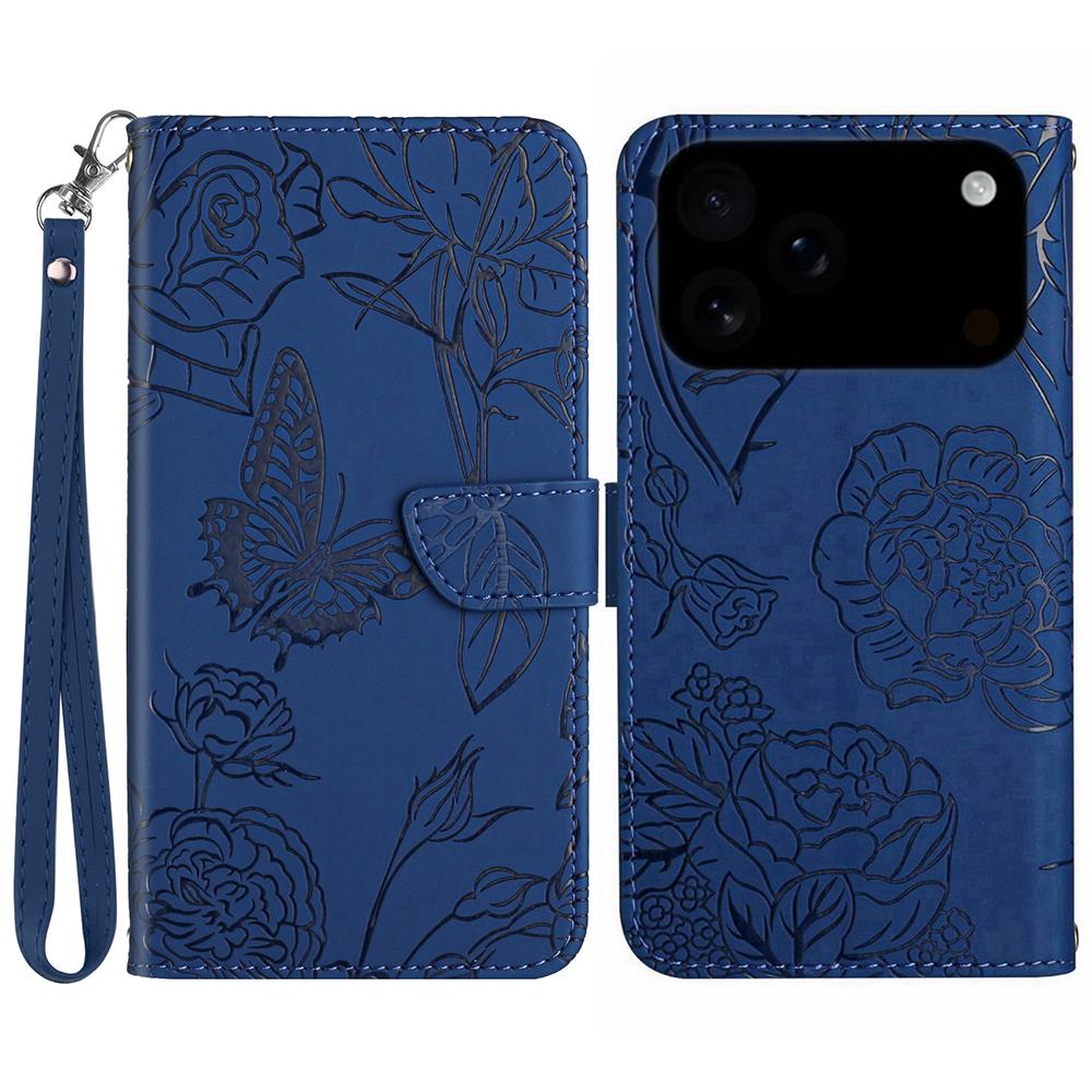 

For iPhone 17 Pro Case Butterfly Flower Imprinted Leather Phone Cover with Strap Blue