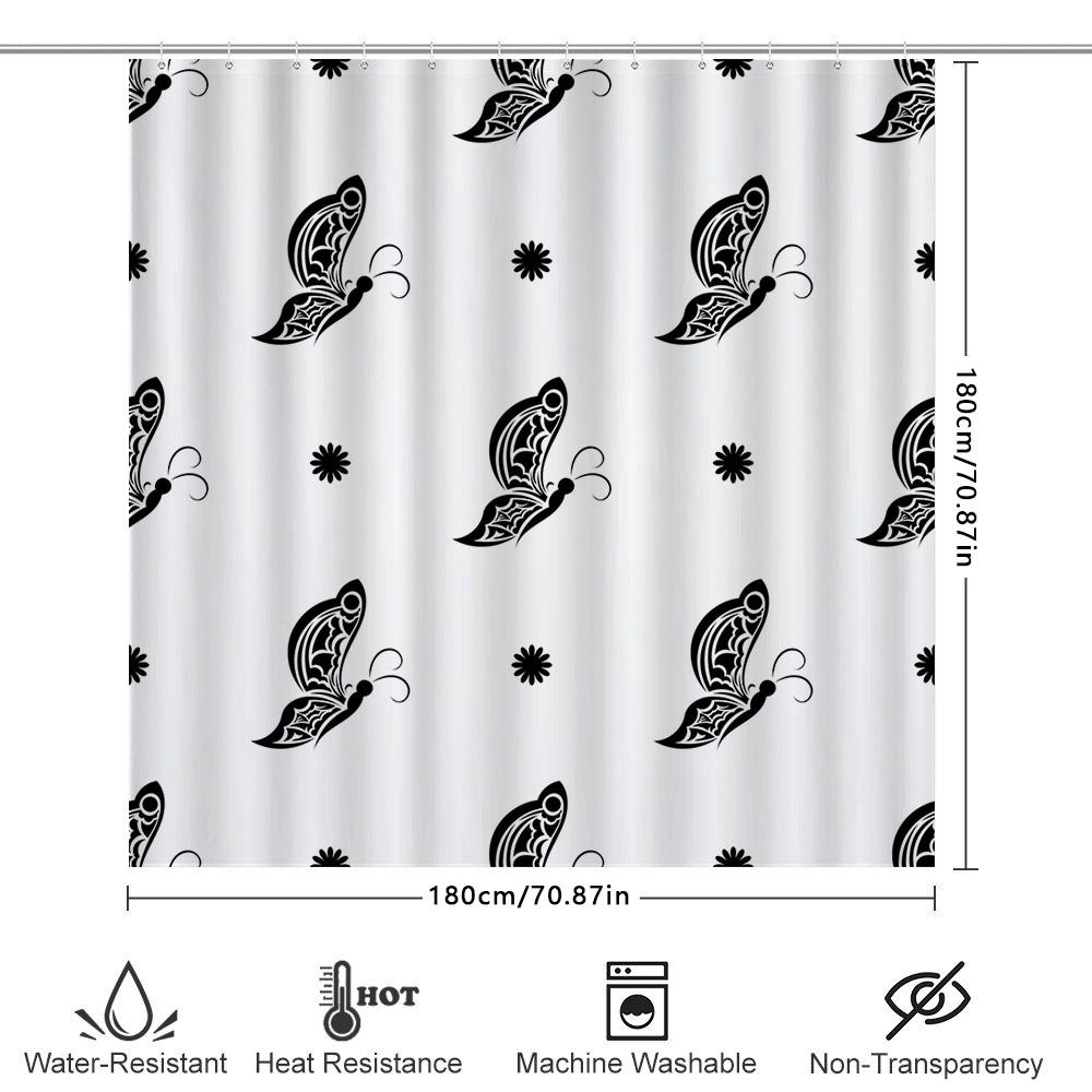 Butterfly Shower Curtain Black White Patterned Fabric Bathroom Decor Waterproof Liner Easy Install For Bathtub Sink Area Size Cu