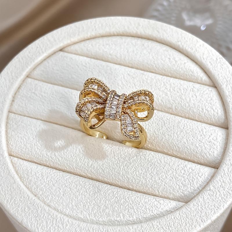 1PC luxury gold-plated synthetic zircon bow ring, with sweet and cool three-dimensional design, niche light luxury fairy style accessories
