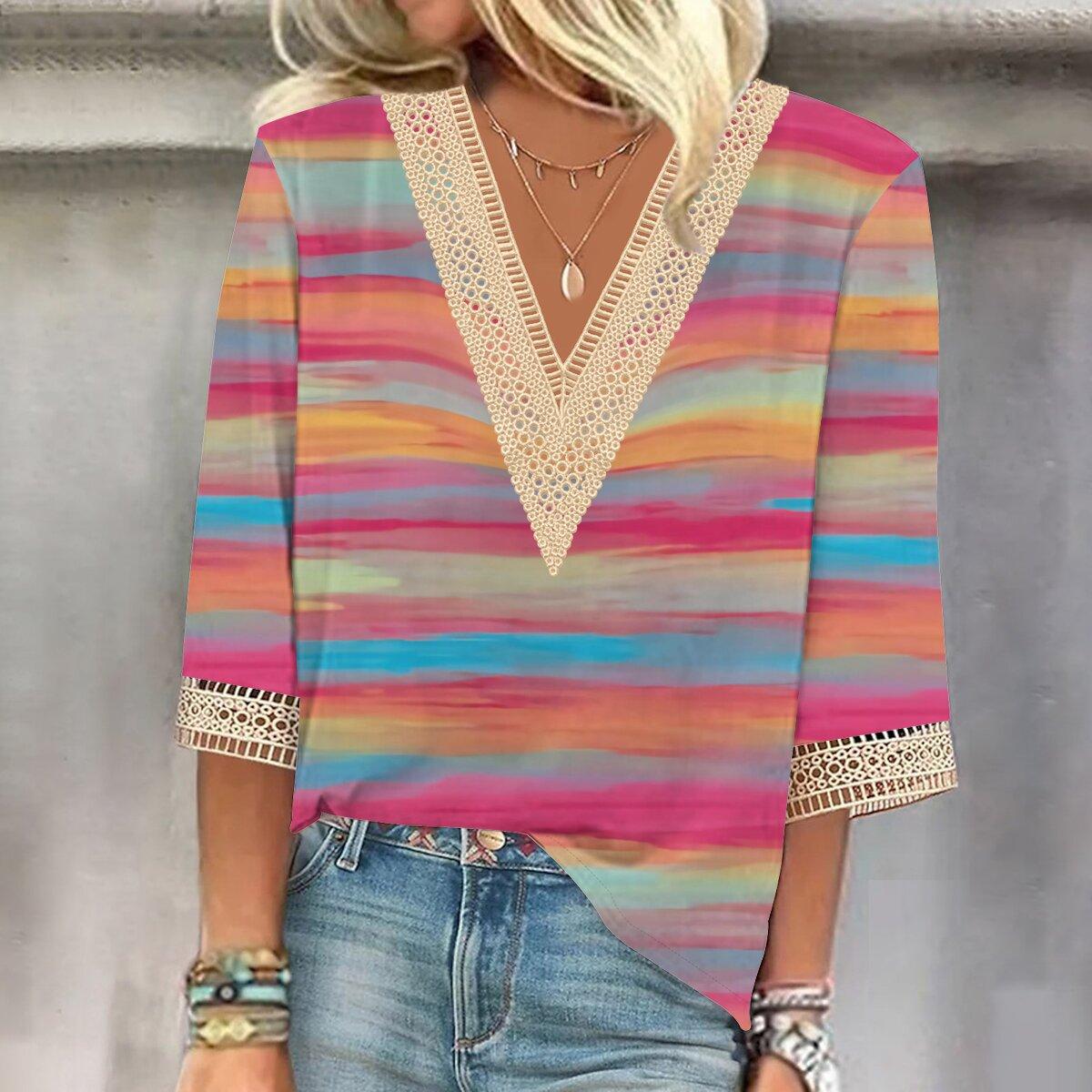 

Осень 2023, новая мода, женский повседневный топ с v-образным вырезом и рукавом 3/4 с принтом, большие размеры