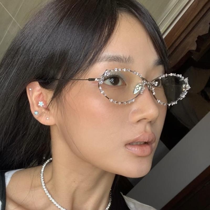 1PC Oval Punk Diamond Glasses Men's and Women's Luxury Fashion Trend Rhinestone Anti-blue Glasses Korean Version of Street Style Glasses
