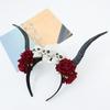 Skull Sheep Horn Hairband Halloween Red Rose Headband Flower Crown Ox Horns Headband  Festival Wear