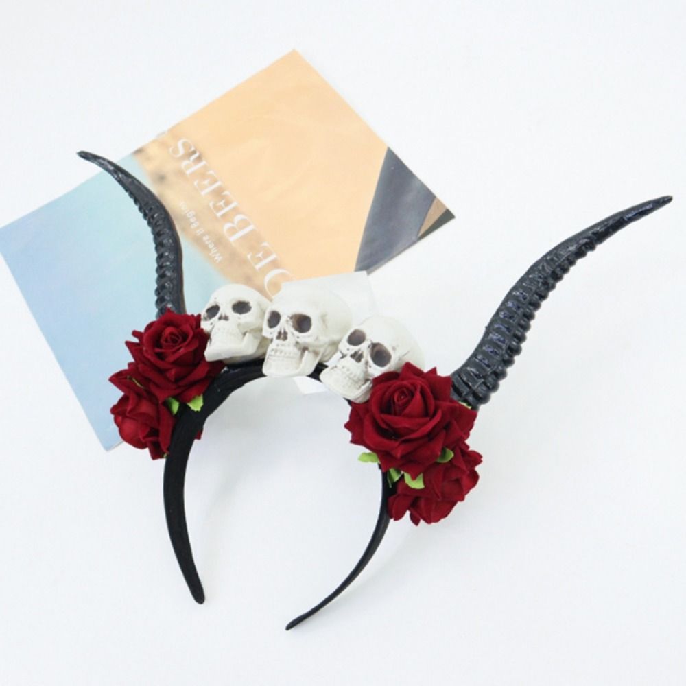 Skull Sheep Horn Hairband Halloween Red Rose Headband Flower Crown Ox Horns Headband  Festival Wear