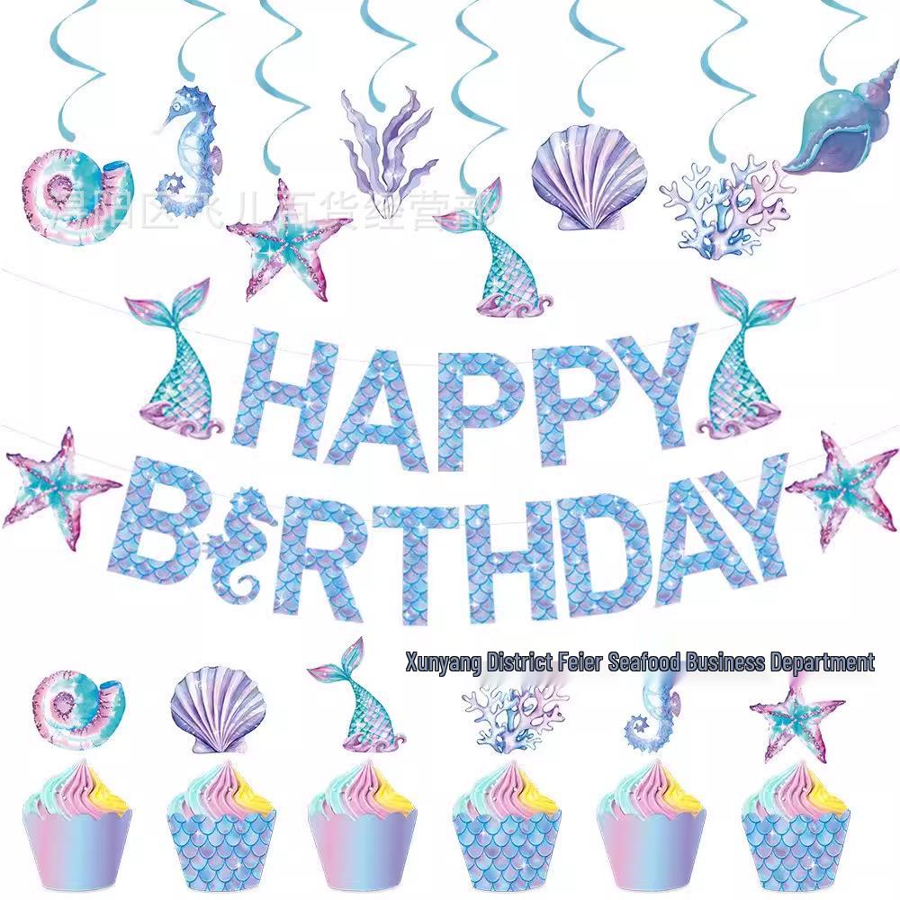 Underwater Mermaid Birthday Party Decoration Set: Pull Flags & Hanging Spirals for Girls