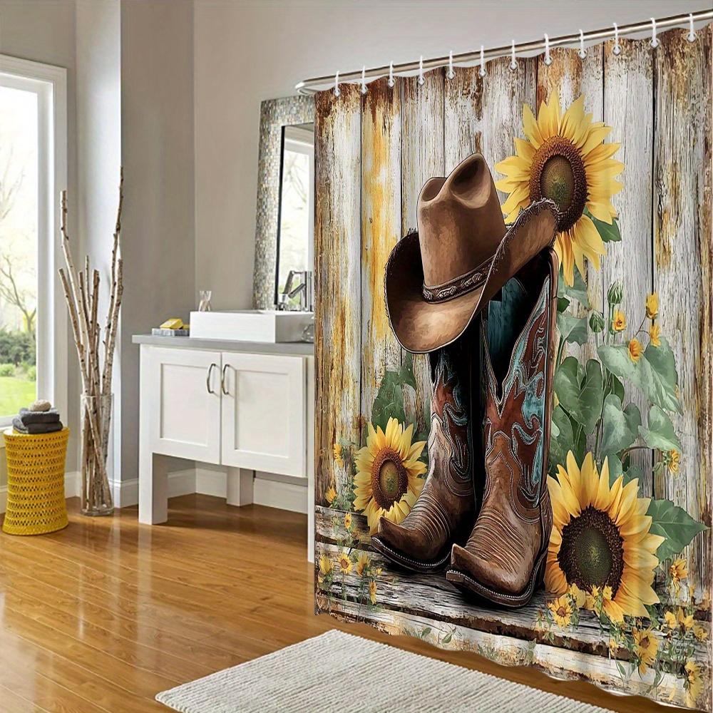 Western Rustic Cowboy Boots & Sunflowers Shower Curtain - Realistic Digital Art, Water-Resistant Polyester