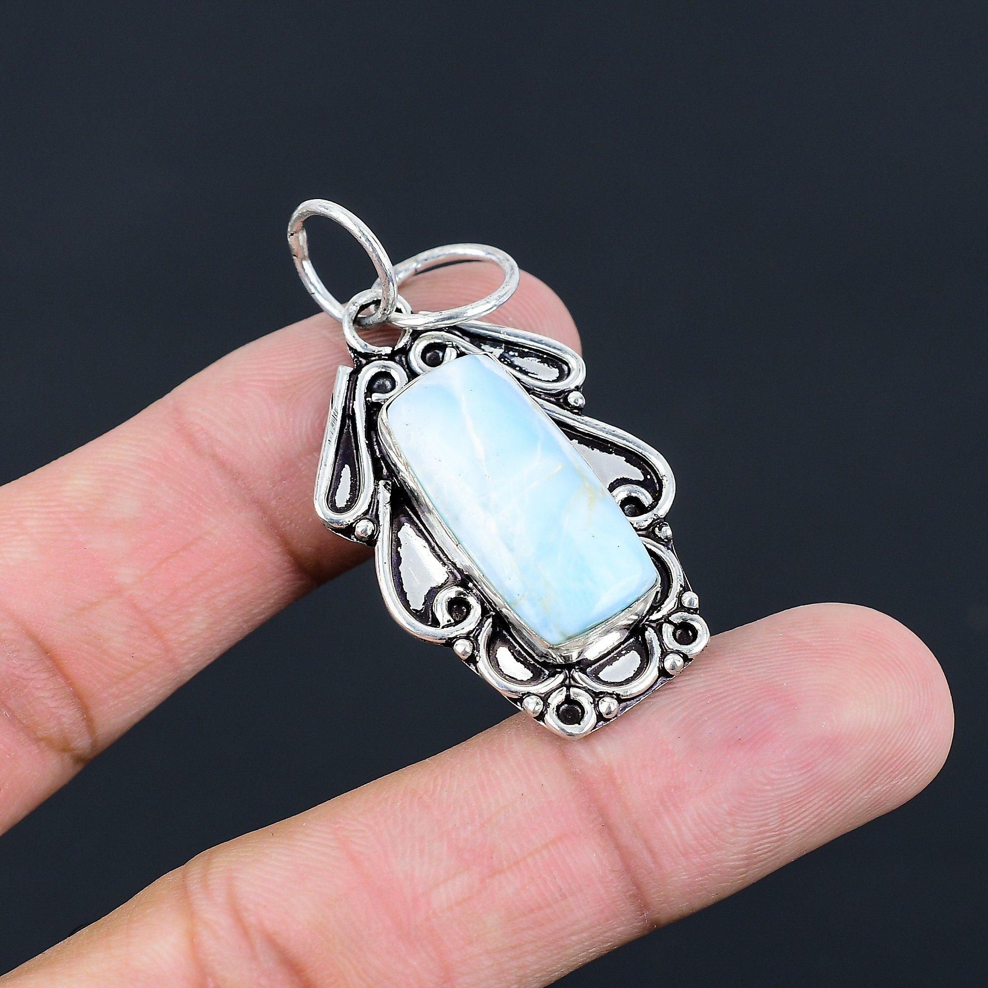Radiant Natural Larimar Sterling Silver Engagement Bezel Handcrafted New Pendant
