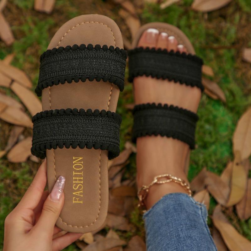 New Women Sandals Ladies Flat Roma Heels Knitted Summer Sandals Outside Cross Tied Leather Female Slides Woman Sandals