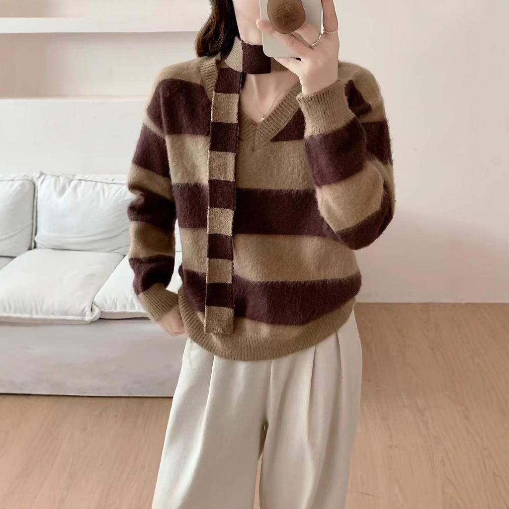 Korean Style V-Neck Color-Block Stripe Loose Knit Pullover