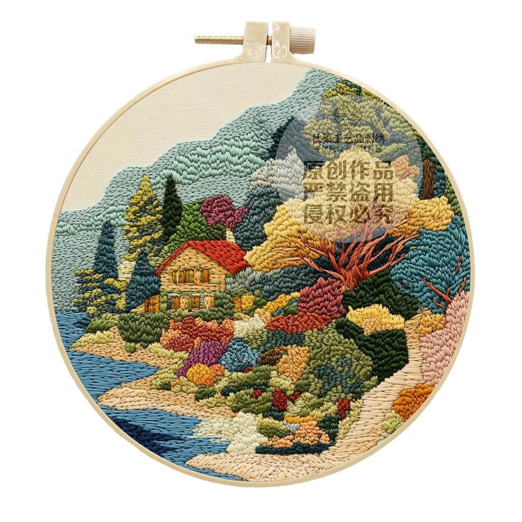 1set Riverside Cottage Landscape Series Hand Embroidery Material Set, Cross Stitch Beginner's Easy Tutorial and Tools, Craft Fabric Material Set