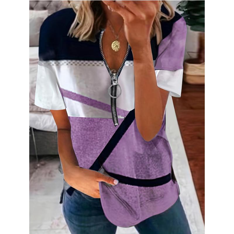 2026 Summer New Women's Zipper Printed Loose Short Sleeved T-shirt Top