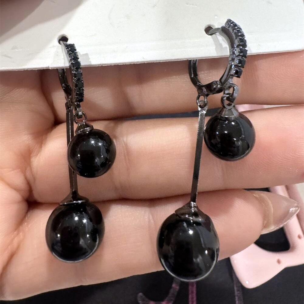 Chic Dangle Earrings Black Tassel Design Inlaid Artificial Gemstone Stud Earrings Match Daily Outfits Party Accessories Casual Dating Decor