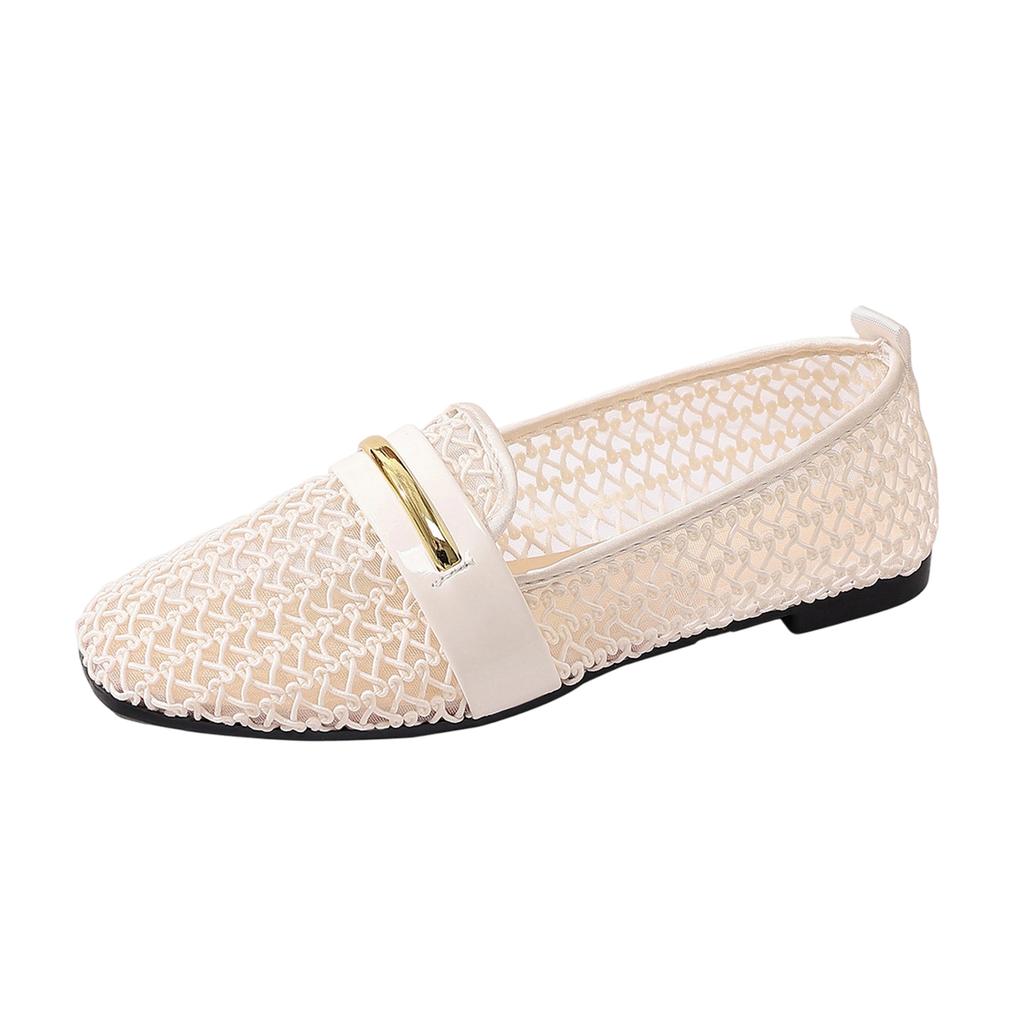 Women Mesh Hollow Out Patent Leather Round Toe Ballet Flat Casual Shoes with Metal Buckle Slip On Loafers for Daily Wear
