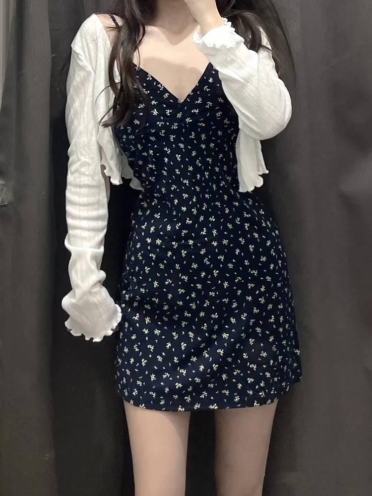 

Ретро платье А-силуэта с цветочным принтом большого размера на бретелях-спагетти и осенний кардиган Small