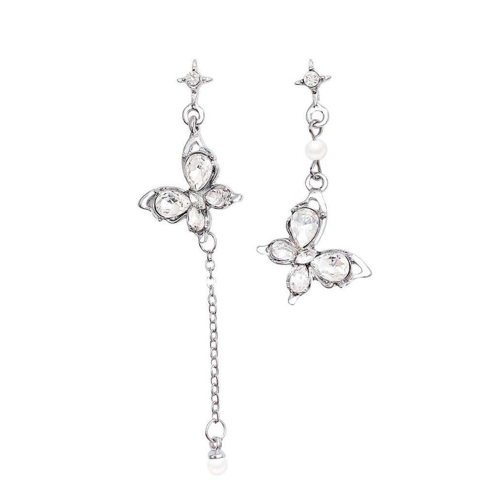 S925 Silver Needle Asymmetrical Long Tassel Butterfly Earrings with Sparkling Zircons for Women