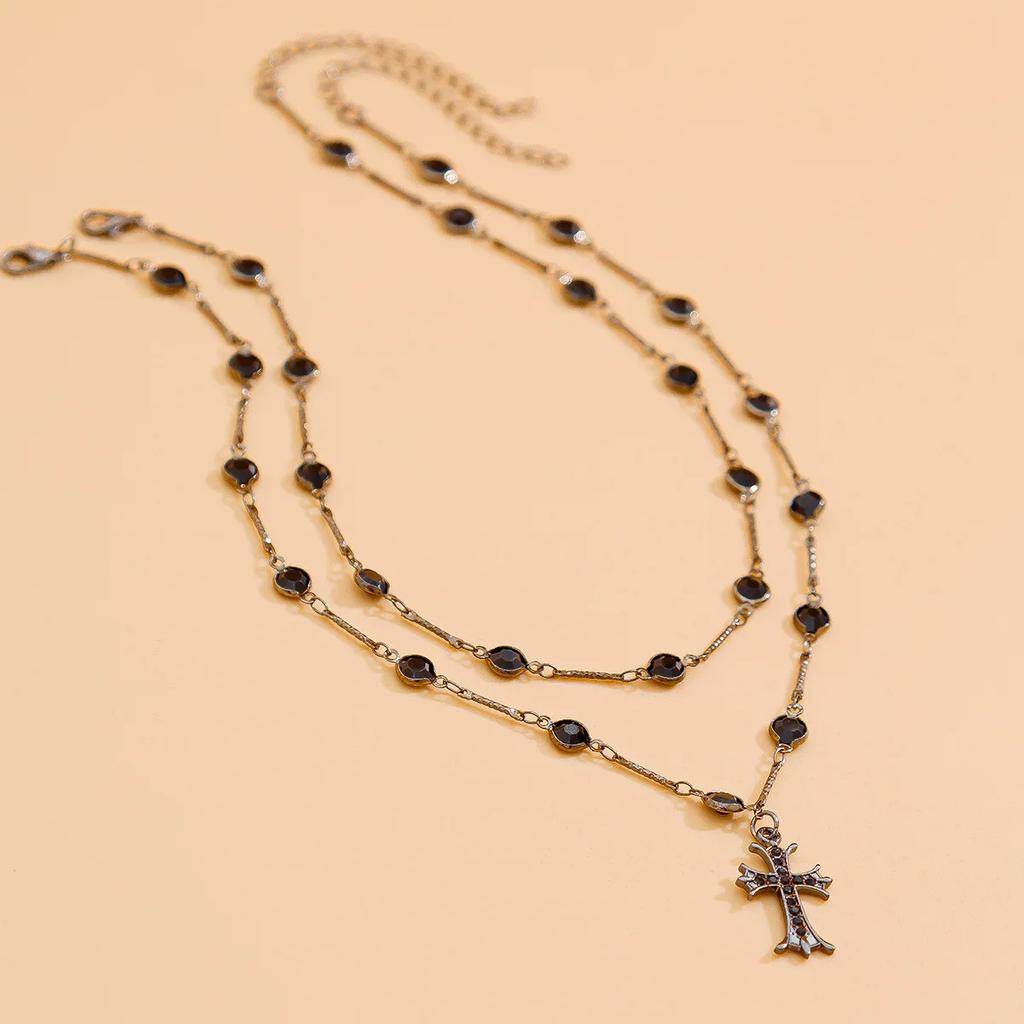 Dark Style Cross Double Layer Necklace Accessories for Women Halloween Personalized Alloy Hottie Clavicle Chain Jewelry Gifts