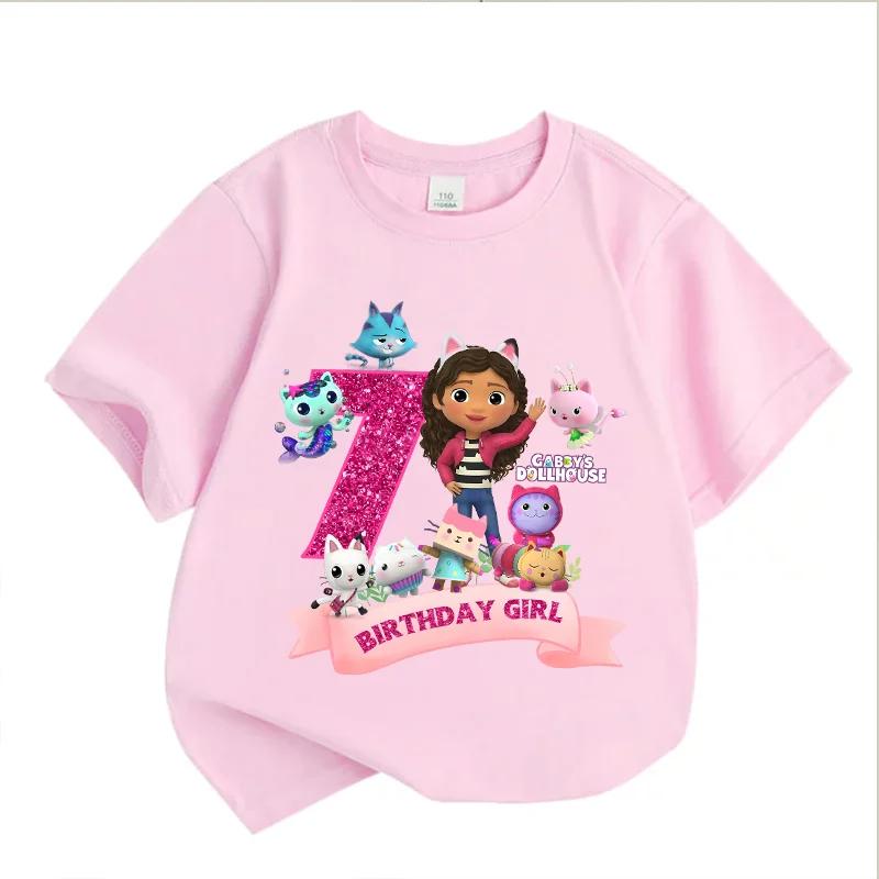Gabbys Puppenhaus Geburtstag Zahl T-Shirt Mädchen Weiß Rosa Kurzarm T-Shirts Oberteile Baumwolle Sommer Lässig Partyzubehör T-Shirt