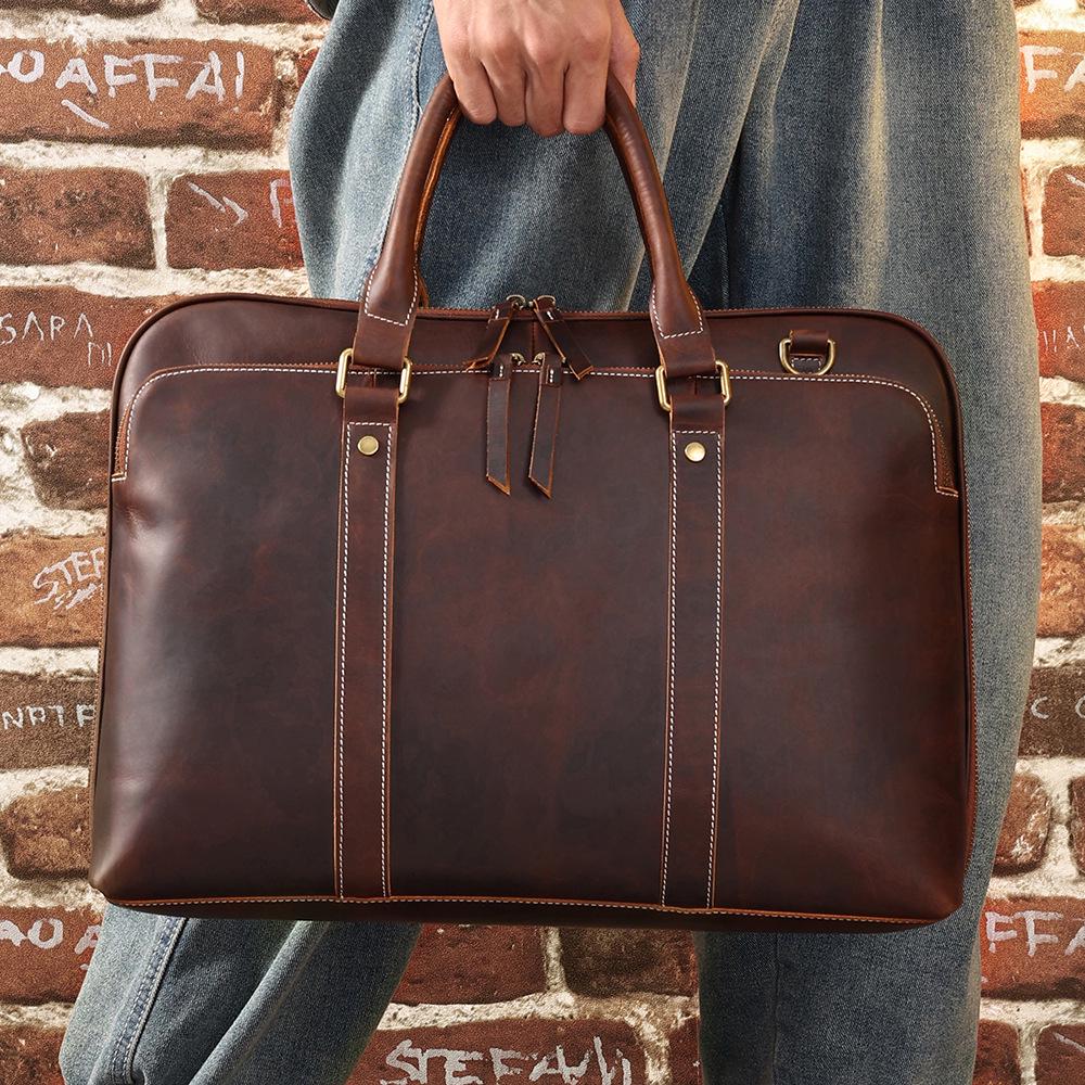 Men s Retro Crazy Horse Leather Briefcase: Multifunctional Cowhide Handbag & Genuine Leather Crossbody Computer Bag 6595 коричневый