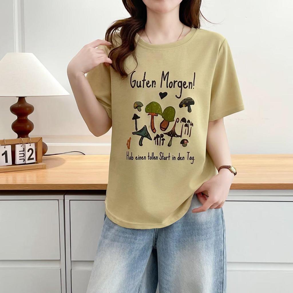 2026 New Summer Cartoon Mushroom Print Women's Round Neck Plus Size Casual Half Sleeve T-shirt