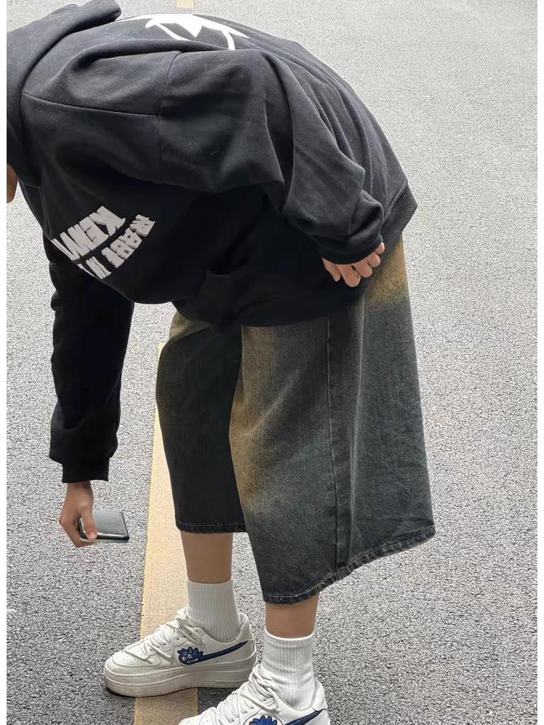 Unisex Retro Washed Wide-Leg Cropped Jeans Shorts