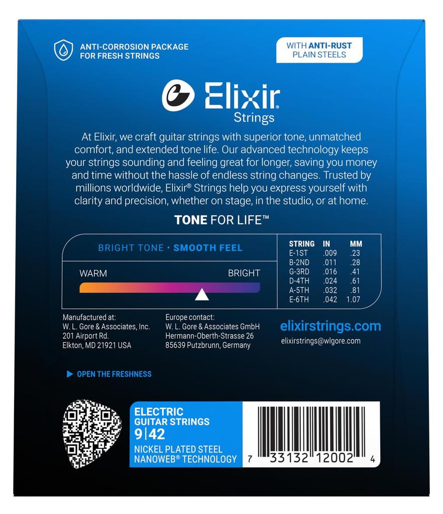 ELIXIR Elixir Electric Guitar Strings, NANOWEB Super Light, .009-.042, #12002, Set of 2 (Official Japanese Product)