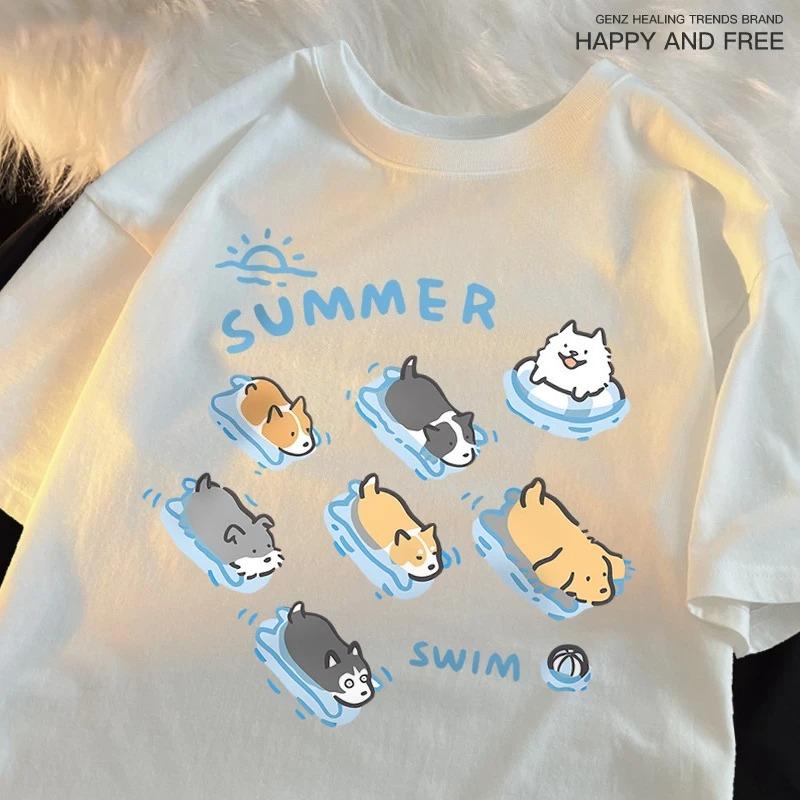 

Fun Cat And Dog Swimming Japanese Style T-Shirt Female Casual T-Shirts Summer Tops Fashion Breathable Tee Clothing S