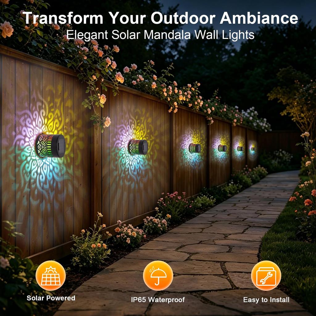 Solar Powered Decorative Lantern Set of 4 Mandala Pattern Outdoor Garden Lights with Metal Frame and Integrated Solar Panel for Pathway Patio Deck