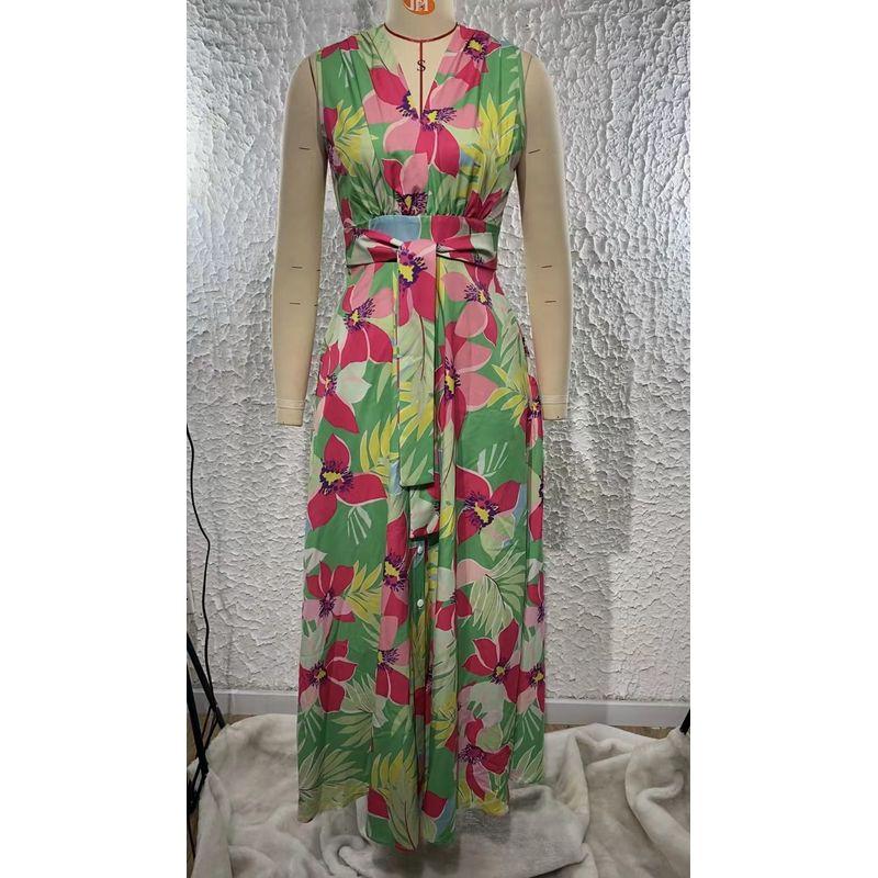 

Fashion Wind Sexy V-neck Print Shoelace Large Swing Dress V-Neck Printed Lace up Dress Picture Color L