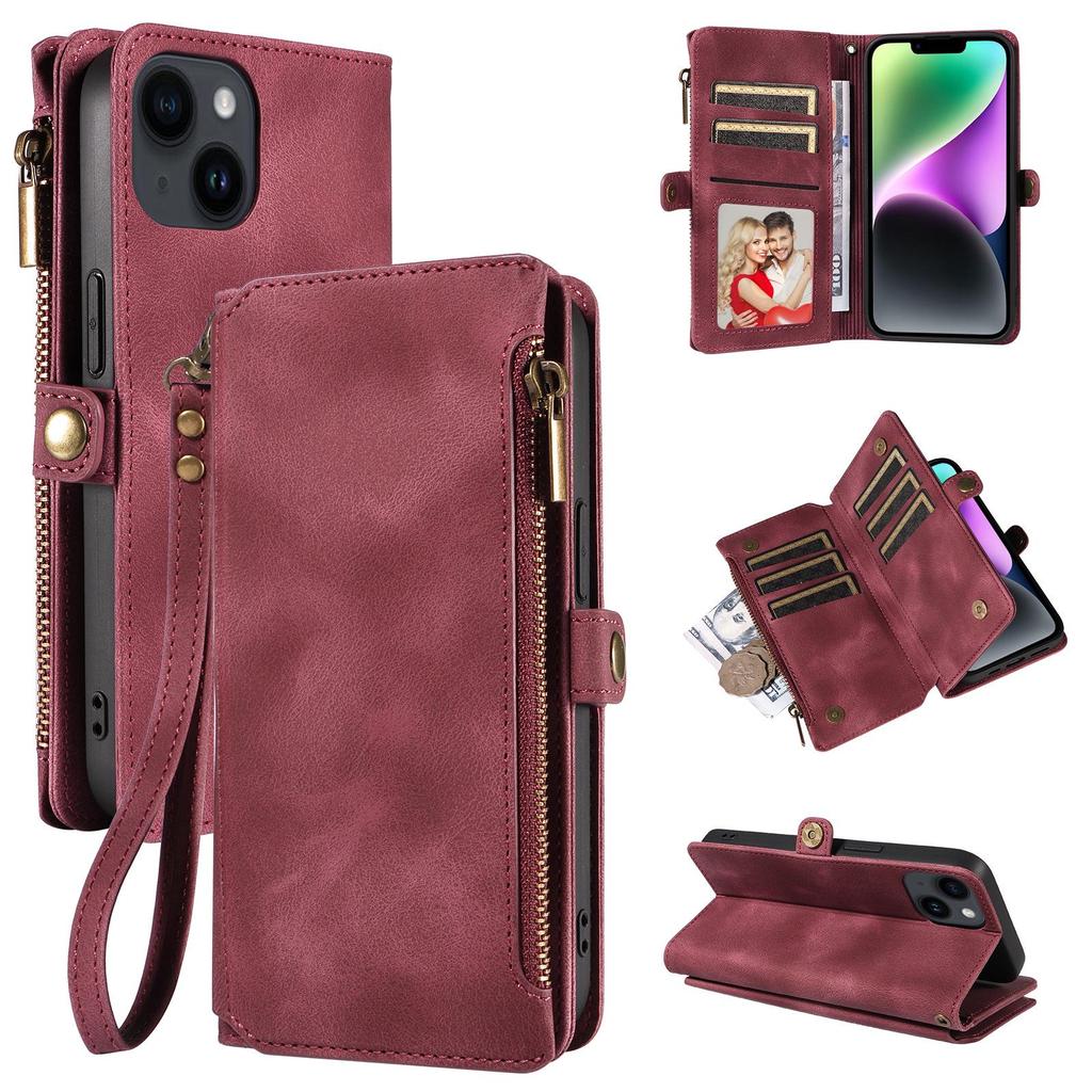 Leather flip wallet case for iPhone 15 Pro Max, Apple 14, Samsung S24 with zipper for ultimate protection.