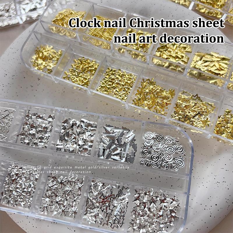 12 Grids Christmas Metal Slice Xmas Tree Snowflake Lollipop Gear Star Gold Silver Nail Art Sequins Decorations Manicure Charms