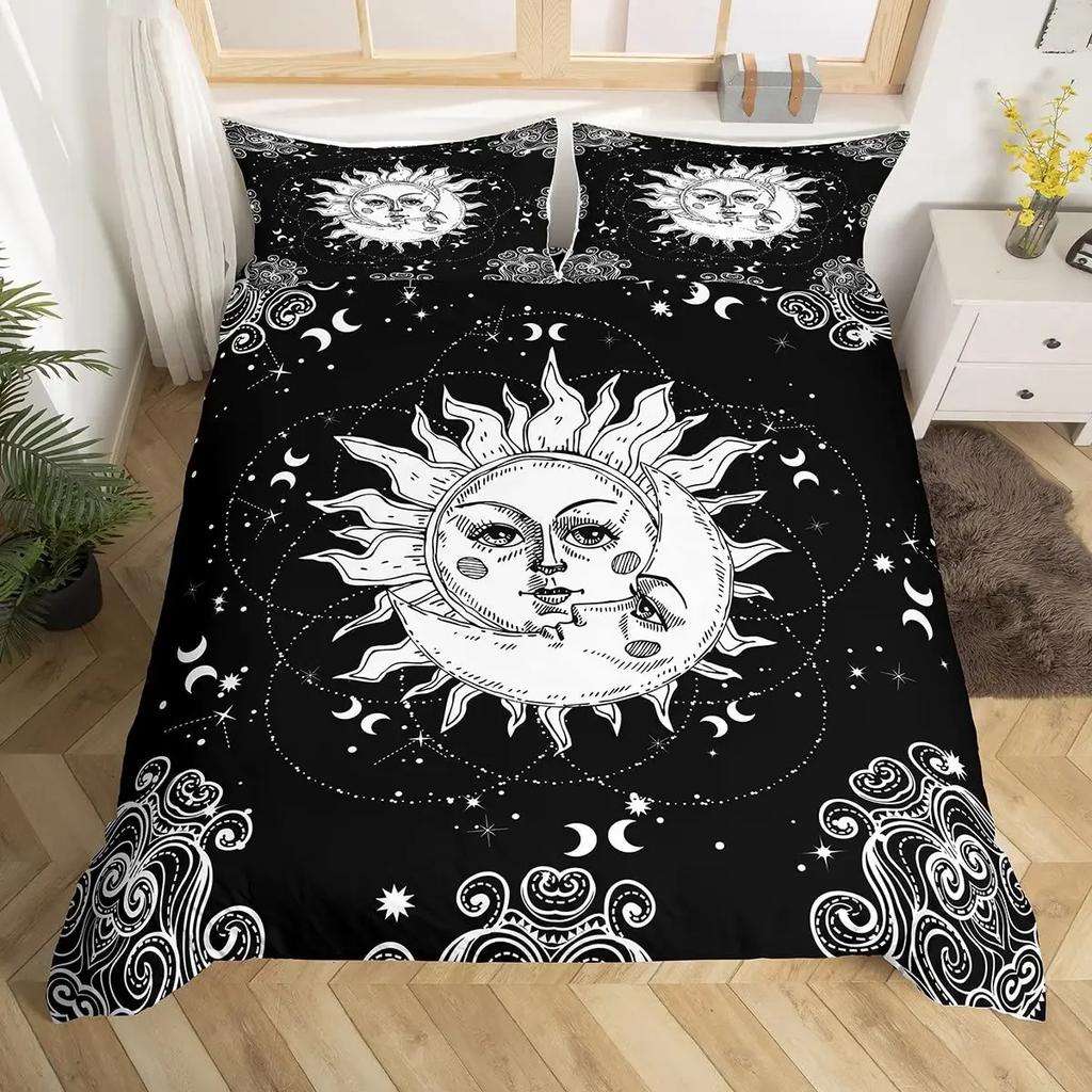 Mandala Duvet Cover Set Sun And Moon Comforter Cover Ties Exotic Style Black And White Botanical Floral Polyester Bedding Set