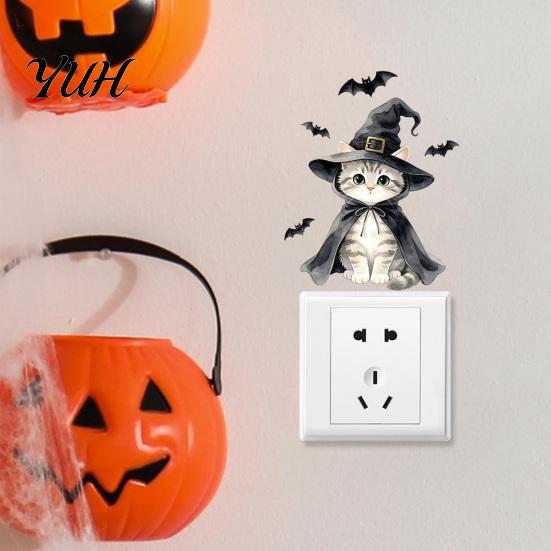 Self Adhesive Light Switch Skins Halloween Wizard Cat & Bat Sticker, Self-Adhesive Decal, Spooky Cute Room Decor Removable Wall for Bedroom