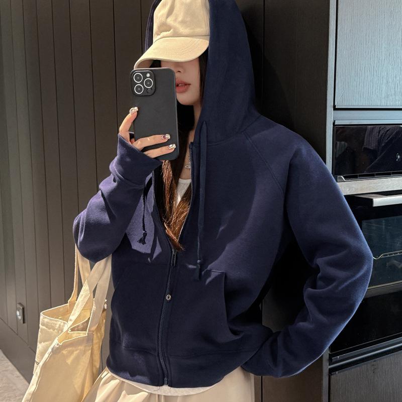Classic autumn and winter solid color hooded sweater long-sleeved zipper thickened jacket women's sports loose casual versatile top