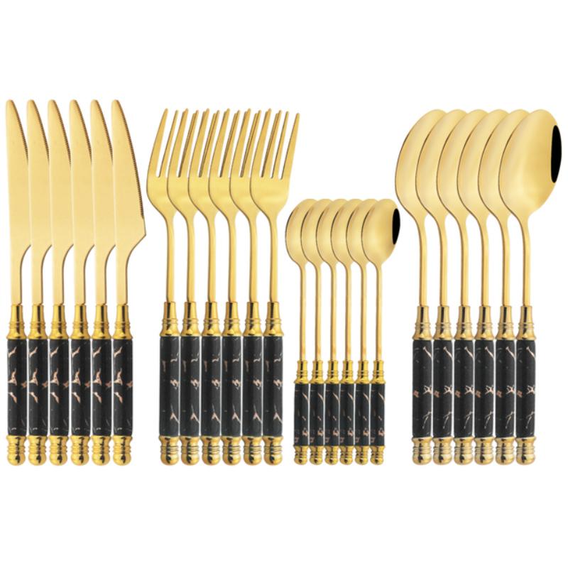 Juego de cubiertos dorados con mango de cerámica de imitación, vajilla de acero inoxidable 304, cuchillos, tenedores, cuchara con soporte para cubiertos, 24 Uds.