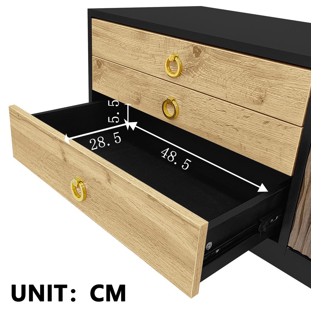 TV Cabinet, Lowboard with Door Panels with Water Wave Pattern and Three Drawers In a Wood and Black Color Scheme.